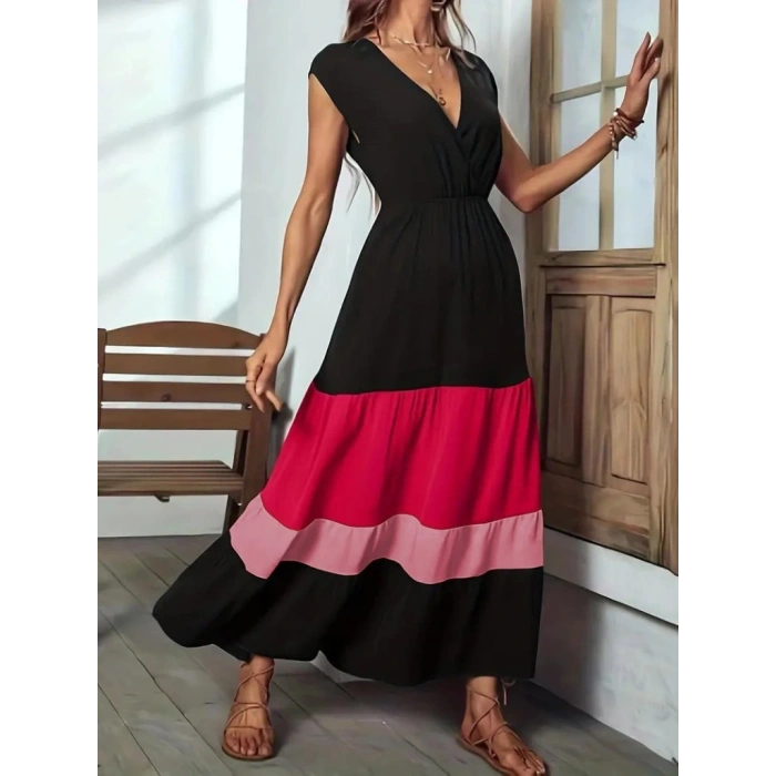 Kadın Kısa Kollu Kruvaze Yakalı çok Renkli Aerobin Elbise