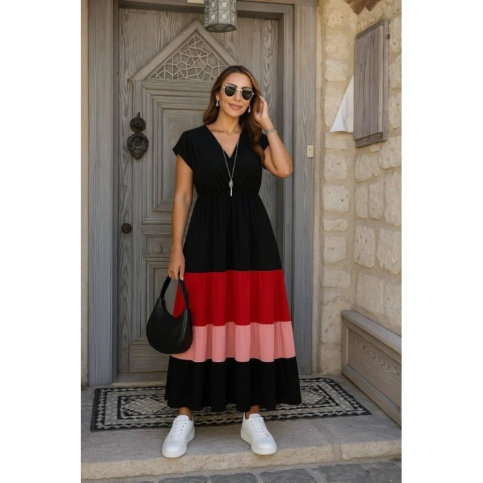 Kadın Kısa Kollu Kruvaze Yakalı çok Renkli Aerobin Elbise