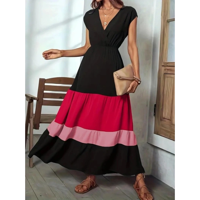 Kadın Kısa Kollu Kruvaze Yakalı çok Renkli Aerobin Elbise