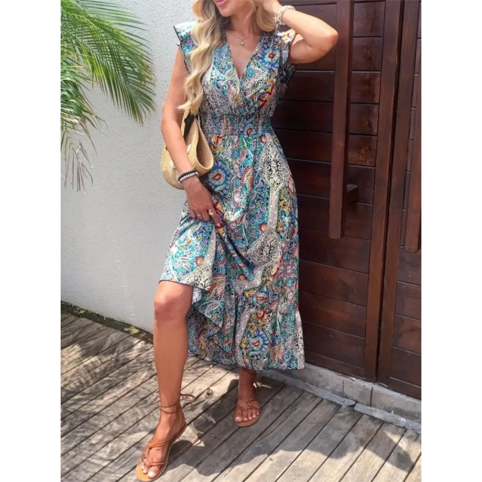 Kadın Kısa Kollu Kruvaze Yakalı Desenli Maxi Elbise