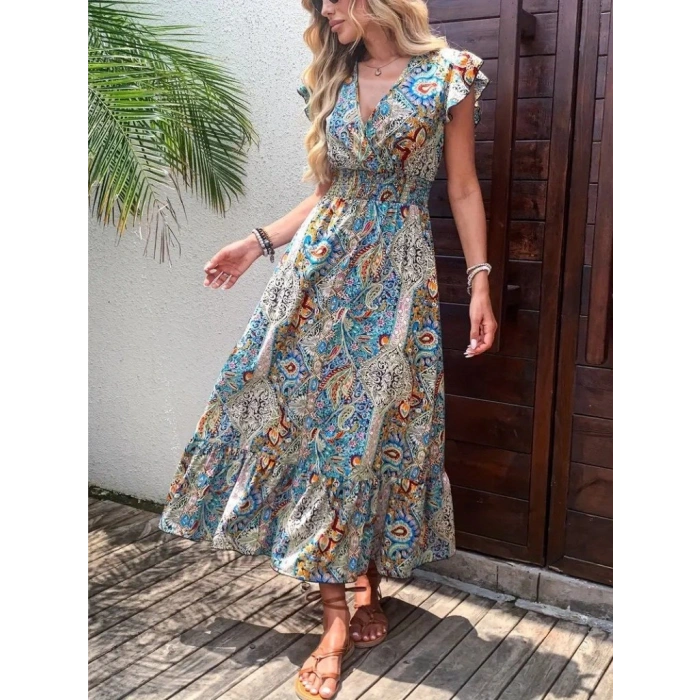 Kadın Kısa Kollu Kruvaze Yakalı Desenli Maxi Elbise