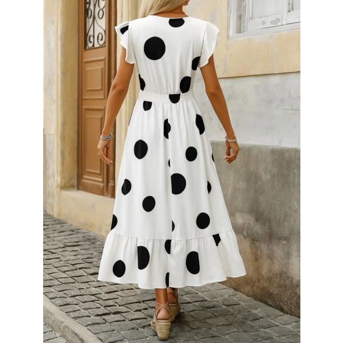 Kadın Kısa Kollu Kruvaze Yakalı Fırfırlı Süprem Elbise