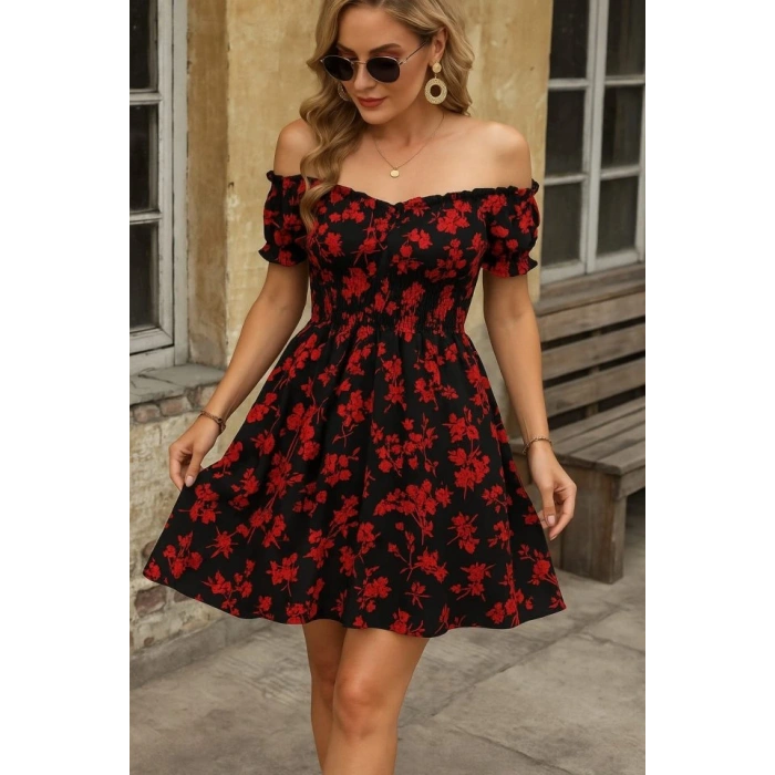 Kadın Kısa Kollu Madonna Yaka Beli Lastikli çiçek Desenli Kısa Süprem Elbise