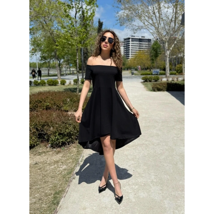 Kadın Kısa Kollu Madonna Yaka önü Kısa Arkası Uzun Ithal Krep Elbise