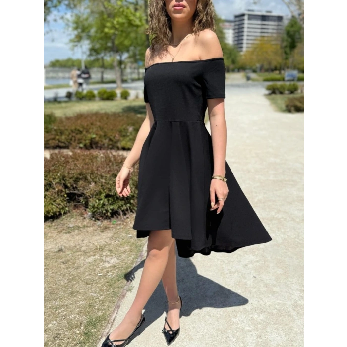 Kadın Kısa Kollu Madonna Yaka önü Kısa Arkası Uzun Ithal Krep Elbise