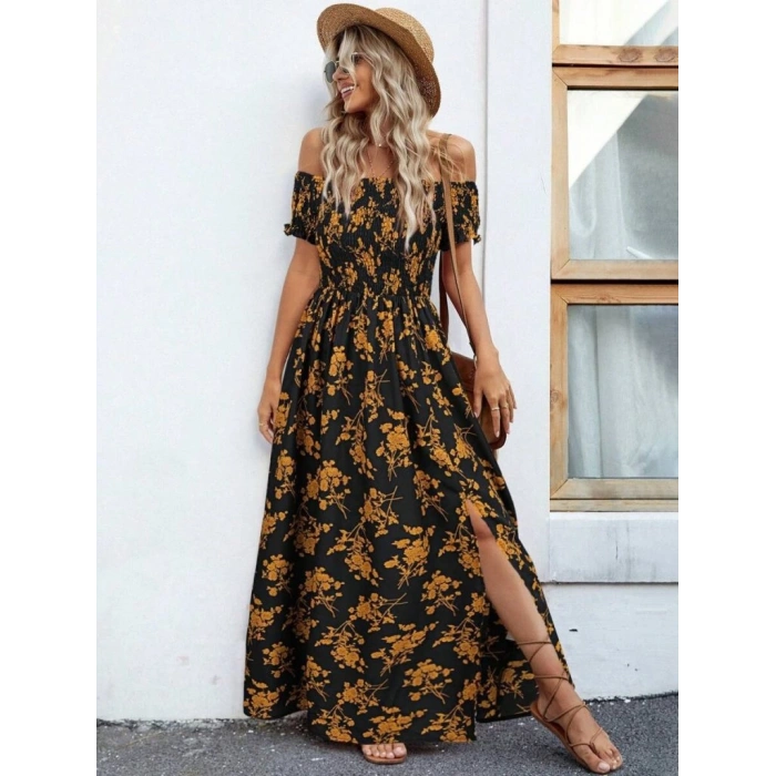 Kadın Kısa Kollu Madonna Yaka Yırtmaçlı çiçek Desenli Süprem Elbise