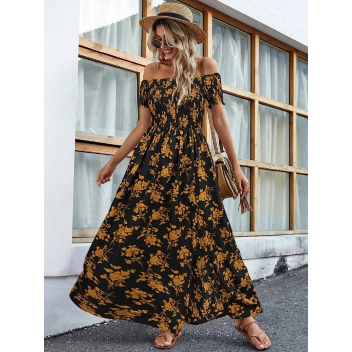 Kadın Kısa Kollu Madonna Yaka Yırtmaçlı çiçek Desenli Süprem Elbise