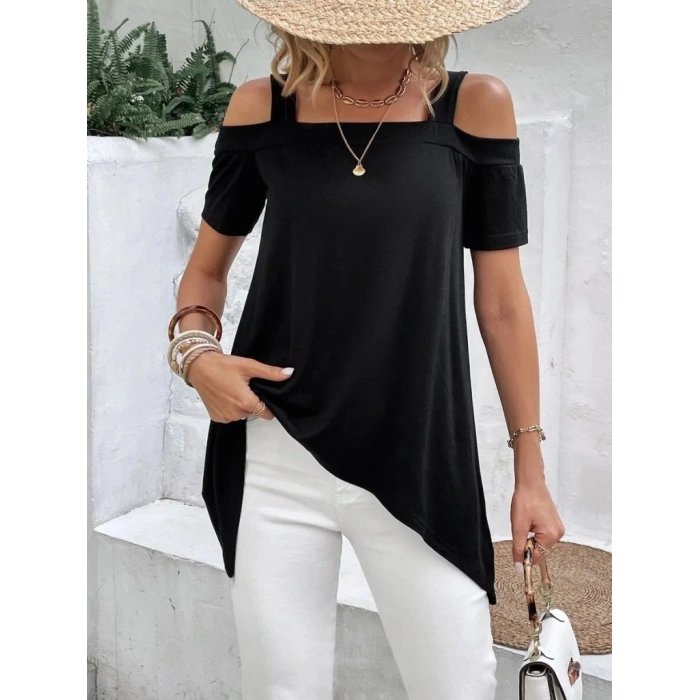 Kadın Kısa Kollu Omuzlardan Açık Askılı Asimetrik Kesim Viskon Bluz