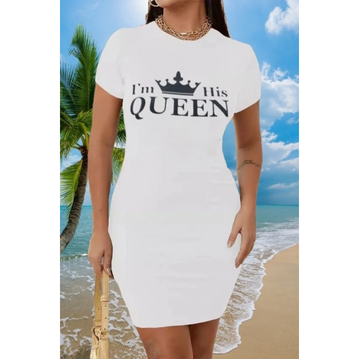 Kadın Kısa Kollu Queen Baskı Iki Iplik Mini Elbise