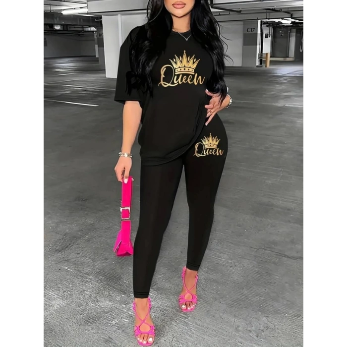 Kadın Kısa Kollu Queen Baskı Viskon Ikili Takım