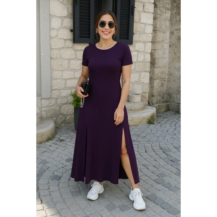 Kadın Kısa Kollu Sırt Dekolteli Yırtmaç Detaylı Viskon Elbise