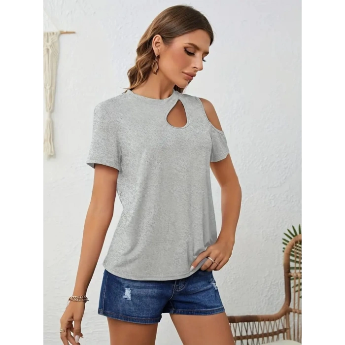 Kadın Kısa Kollu Tek Omuzu Açık Damla Detaylı Viskon Bluz