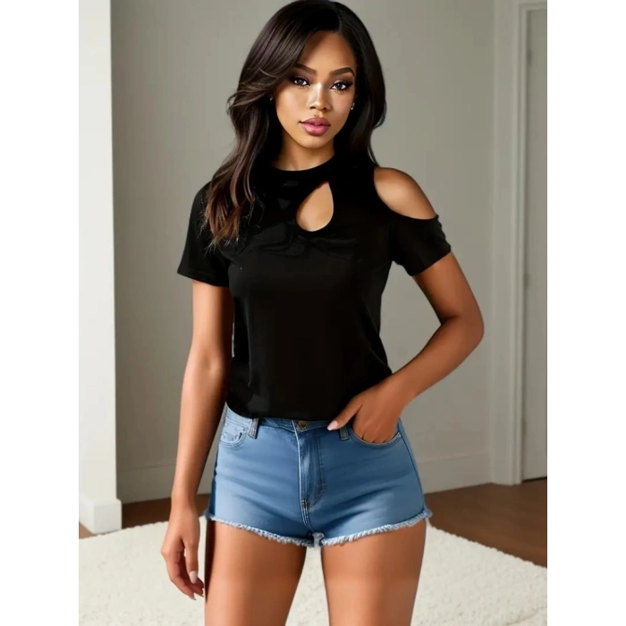 Kadın Kısa Kollu Tek Omuzu Açık Damla Detaylı Viskon Bluz