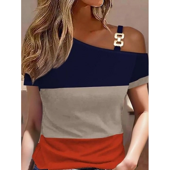 Kadın Kısa Kollu Tek Omuzu Açık Toka Detaylı çok Renkli Viskon Bluz