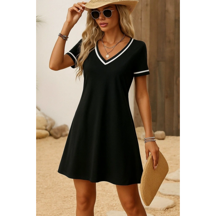 Kadın Kısa Kollu V çizgili Yakalı Kısa Viskon Elbise