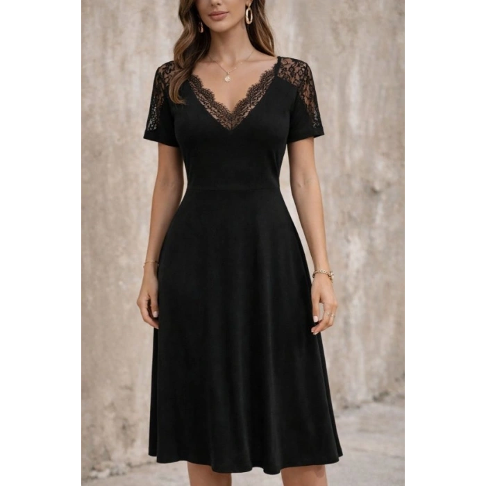 Kadın Kısa Kollu V Dantel Yakalı Midi Viskon Elbise