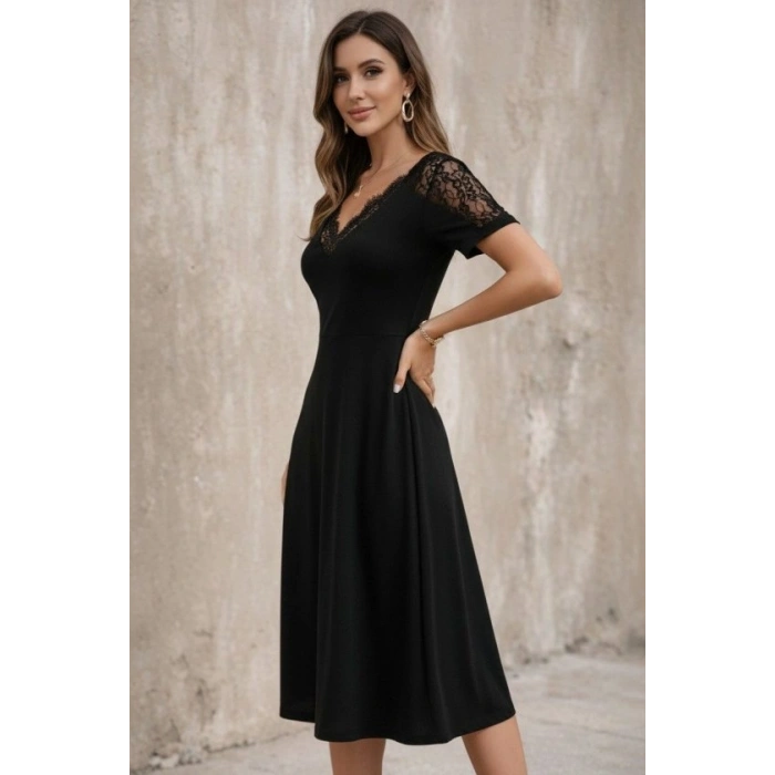 Kadın Kısa Kollu V Dantel Yakalı Midi Viskon Elbise