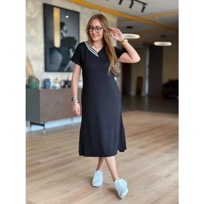 Kadın Kısa Kollu V Ribana Yakalı Yırtmaçlı Midi Viskon Iki Iplik Elbise