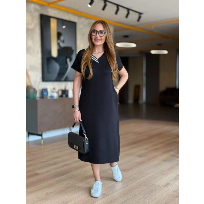 Kadın Kısa Kollu V Ribana Yakalı Yırtmaçlı Midi Viskon Iki Iplik Elbise