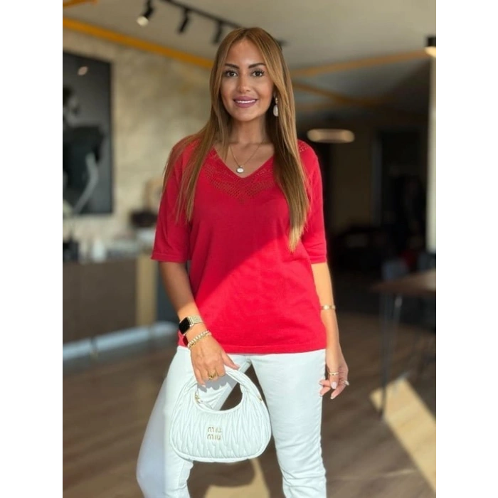 Kadın Kısa Kollu V Yaka Ajurlu Triko BluZ