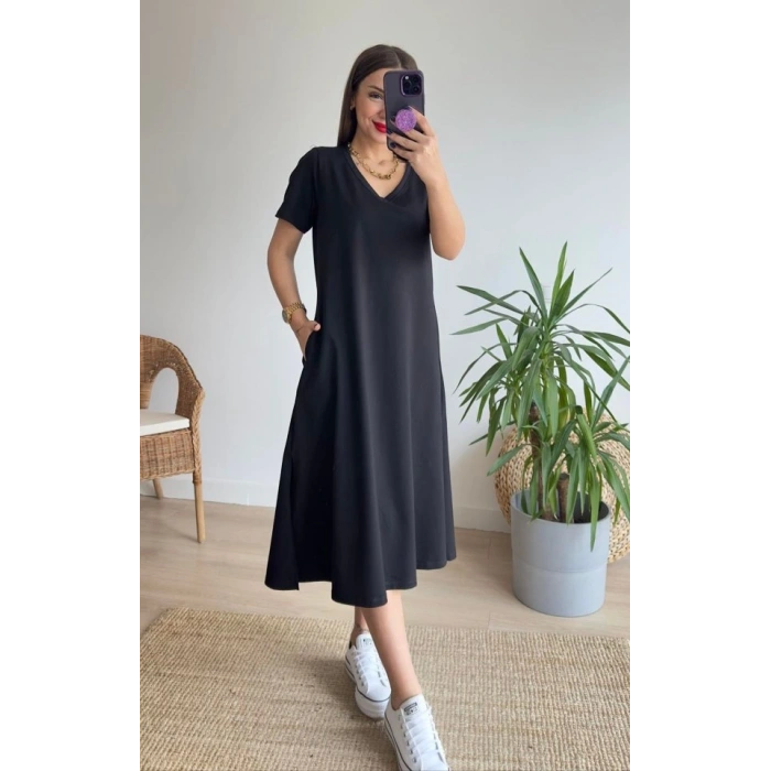 Kadın Kısa Kollu V Yaka Cepli A Kesim Detaylı Viskon Elbise