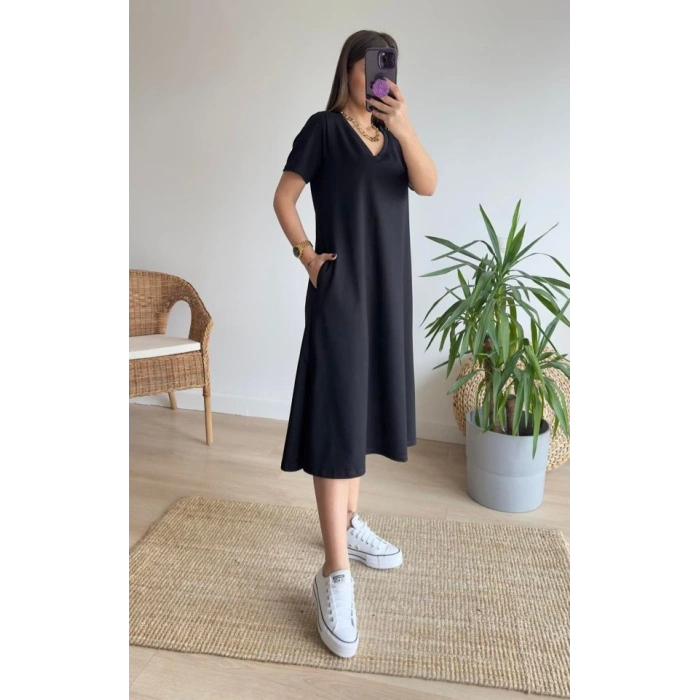Kadın Kısa Kollu V Yaka Cepli A Kesim Detaylı Viskon Elbise