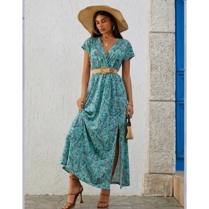 Kadın Kısa Kollu V Yaka Etnik Desenli Yırtmaç Detay Süprem Elbise (kemersiz)