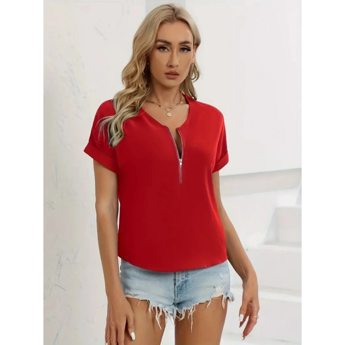 Kadın Kısa Kollu V Yaka Fermuarlı Salaş Sandy Bluz
