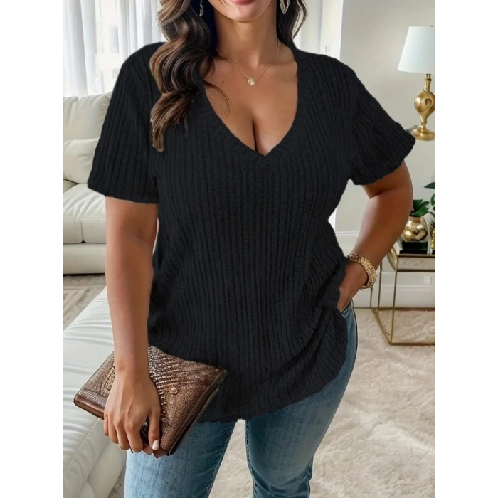 Kadın Kısa Kollu V Yaka Fitilli Kaşkorse Bluz