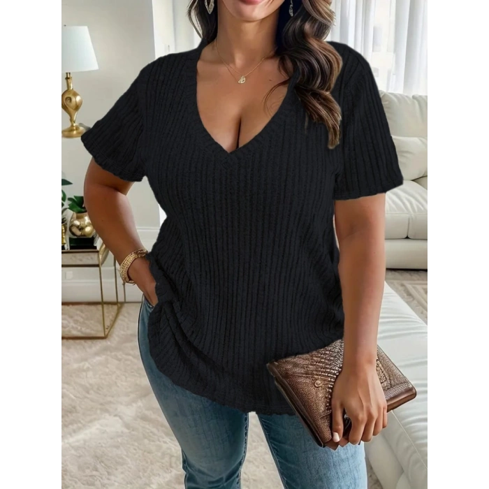 Kadın Kısa Kollu V Yaka Fitilli Kaşkorse Bluz