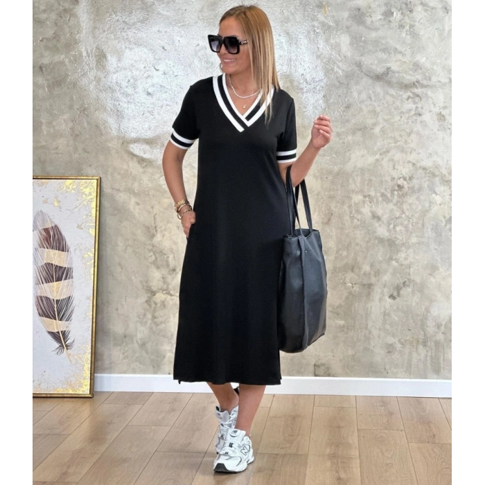 Kadın Kısa Kollu V Yaka Kol Ve Yaka Ribana Detay Midi Boy Viskon Elbise