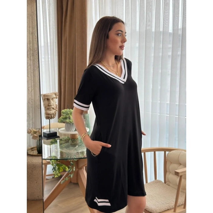 Kadın Kısa Kollu V Yaka Ribana Detaylı Cepli Dizüstü Viskon Elbise