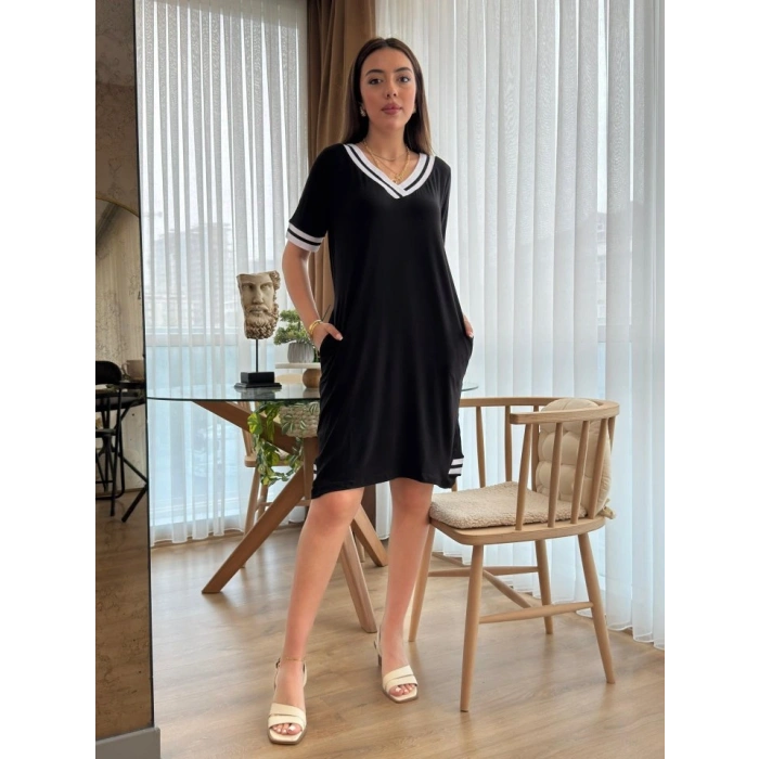 Kadın Kısa Kollu V Yaka Ribana Detaylı Cepli Dizüstü Viskon Elbise