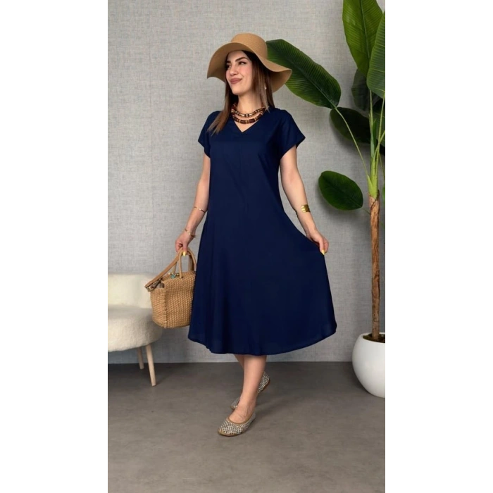 Kadın Kısa Kollu V Yaka Salaş Maxi Boy Elbise