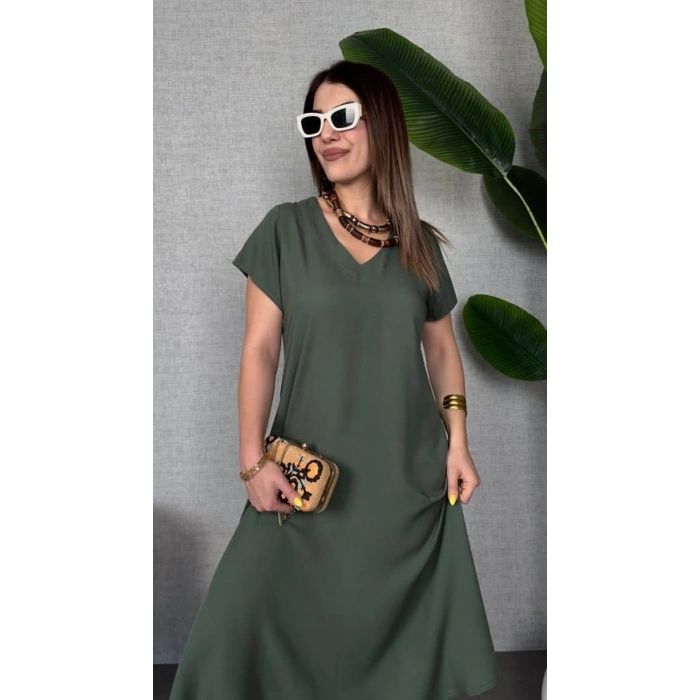 Kadın Kısa Kollu V Yaka Salaş Maxi Boy Elbise
