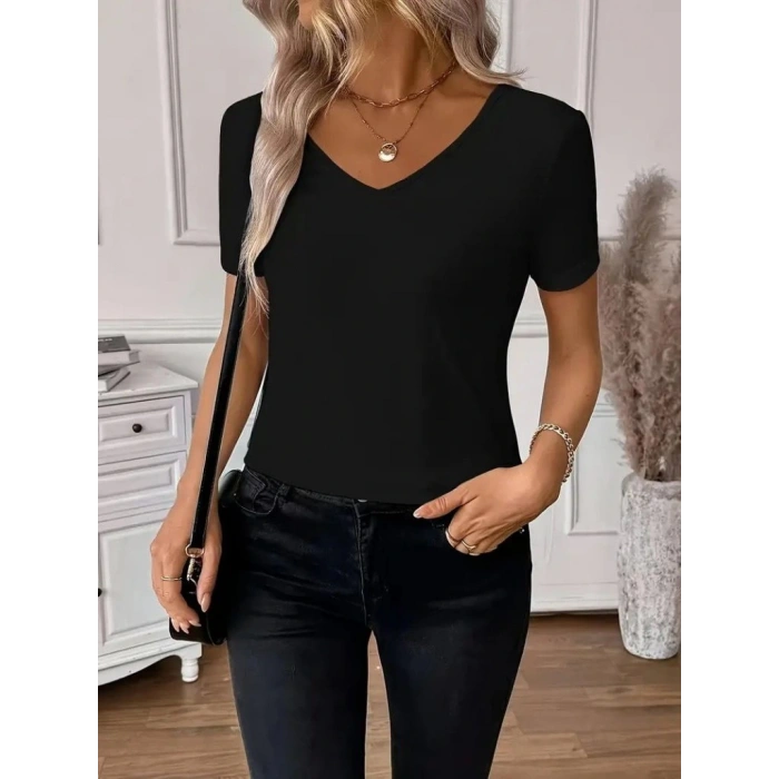 Kadın Kısa Kollu V Yakalı Arkası Dantelli Viskon Bluz