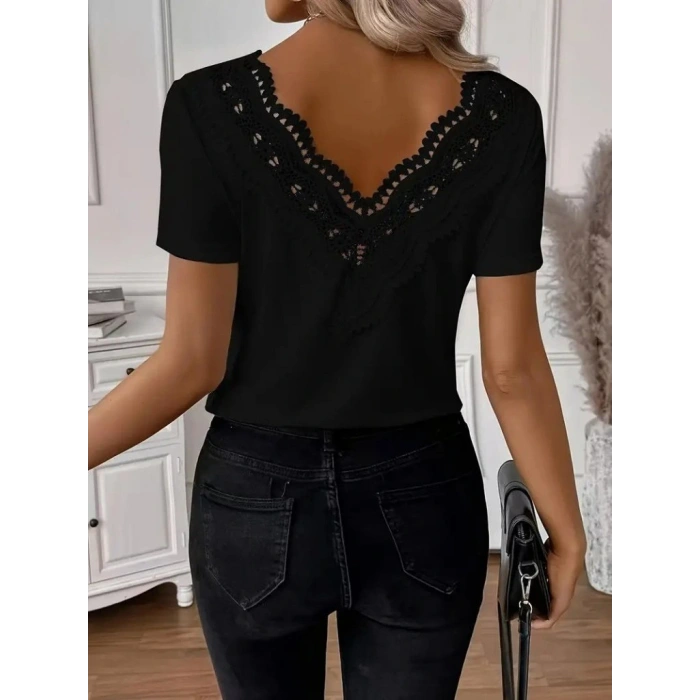 Kadın Kısa Kollu V Yakalı Arkası Dantelli Viskon Bluz