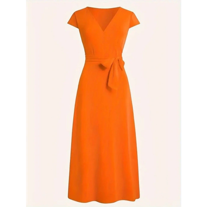 Kadın Kısa Kollu V Yakalı Belden Kuşaklı Maksi Boy Viskon Elbise