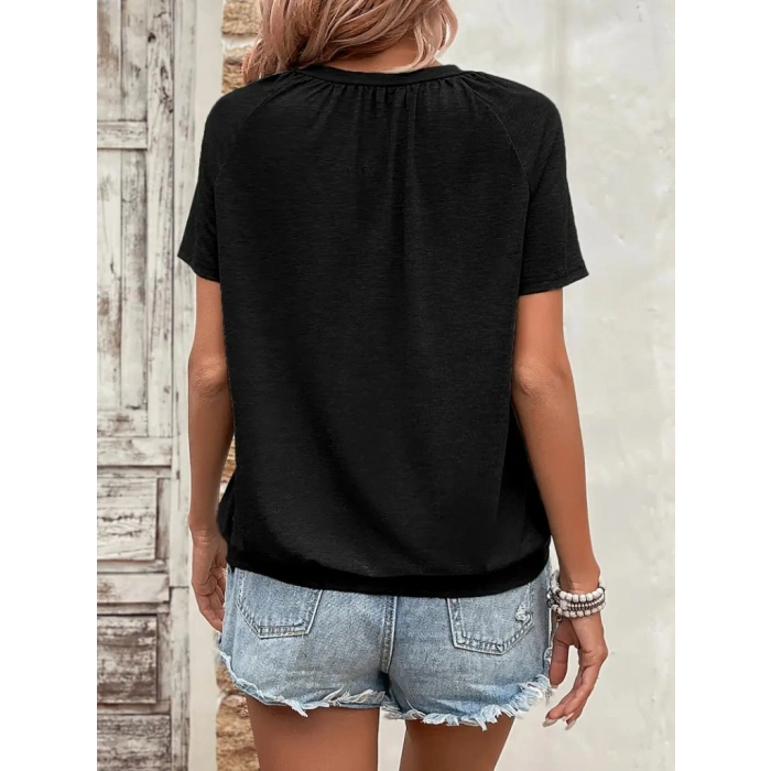 Kadın Kısa Kollu V Yakalı Büzgü Detaylı Viskon Bluz