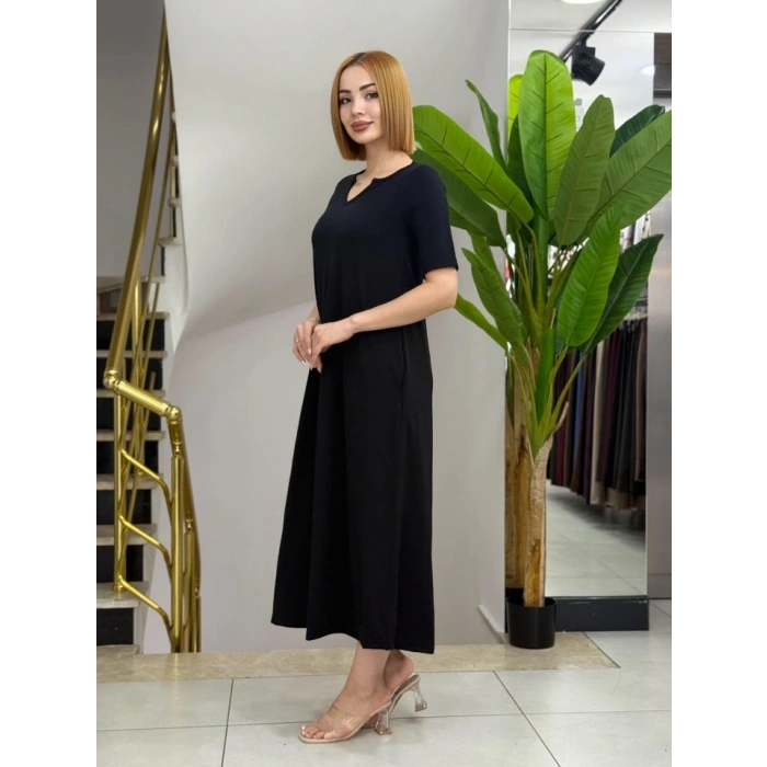 Kadın Kısa Kollu V Yakalı Cep Detaylı Uzun Janjan Krep Elbise