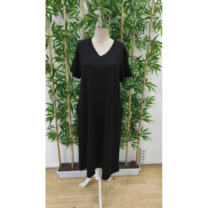 Kadın Kısa Kollu V Yakalı Cep Detaylı Uzun Viskon Iki Iplik Elbise