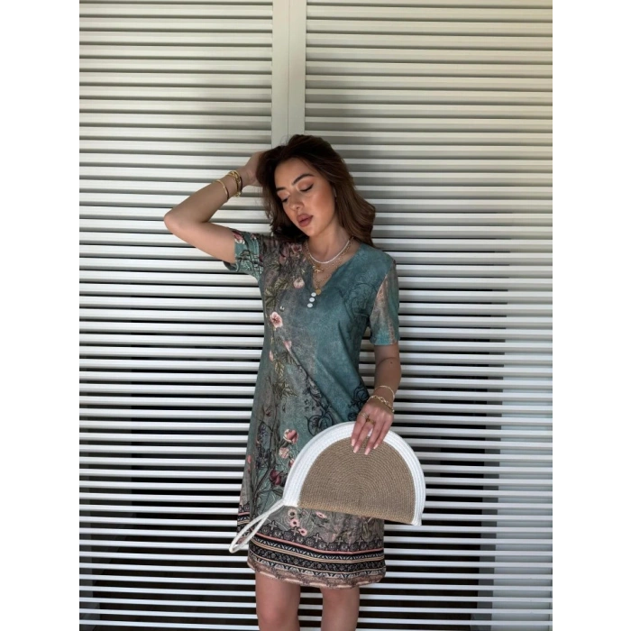 Kadın Kısa Kollu V Yakalı çiçek Baskılı Midi Süprem Elbise