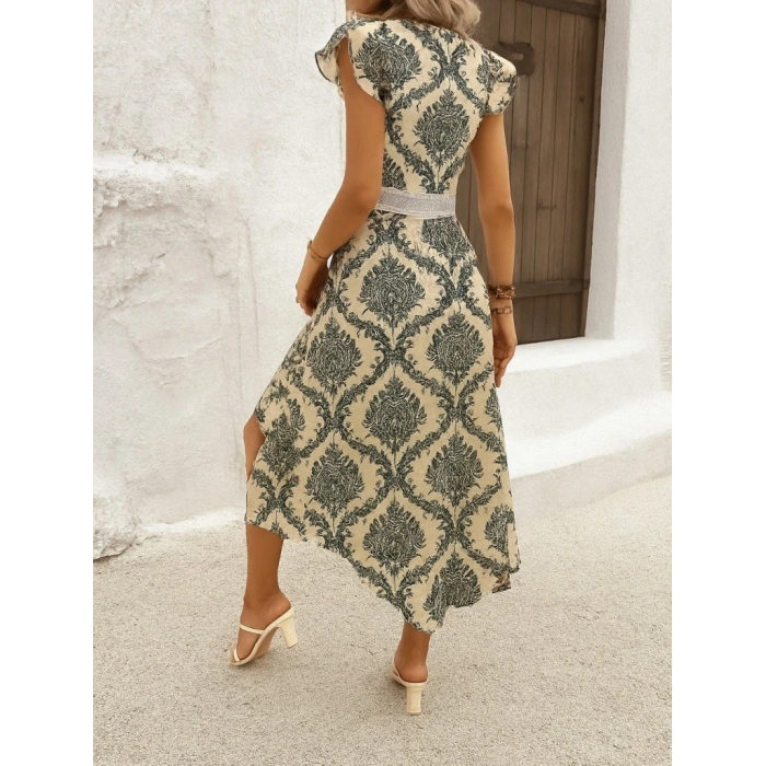 Kadın Kısa Kollu V Yakalı çiçek Desenli önü Kısa Arkası Uzun Pegasus Elbise