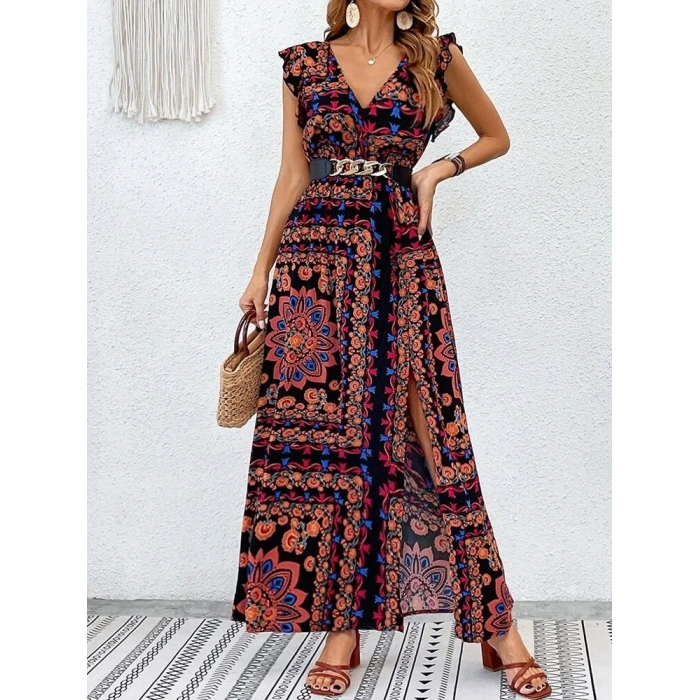 Kadın Kısa Kollu V Yakalı Deseni Yırtmaçlı Süprem Elbise