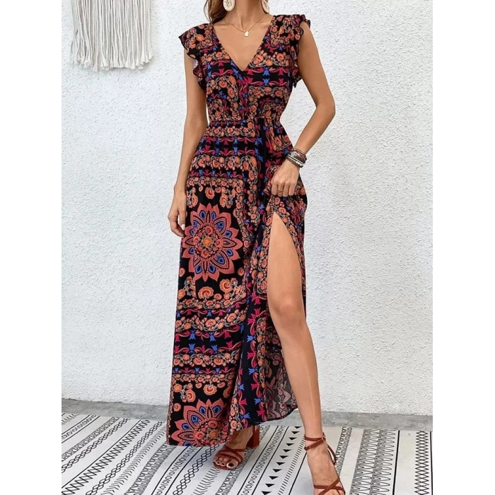 Kadın Kısa Kollu V Yakalı Deseni Yırtmaçlı Süprem Elbise