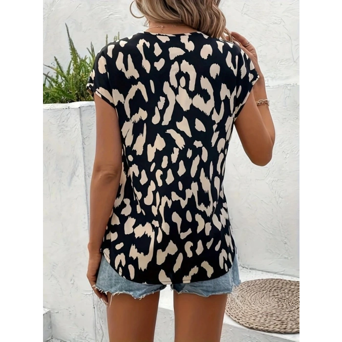 Kadın Kısa Kollu V Yakalı Desenli Süprem Bluz