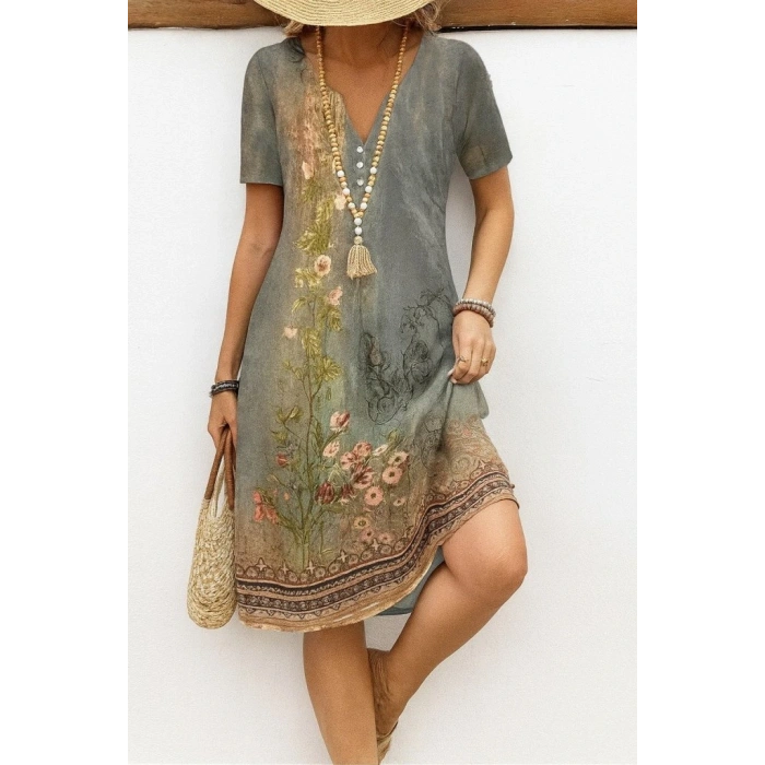 Kadın Kısa Kollu V Yakalı Desenli Süprem Elbise