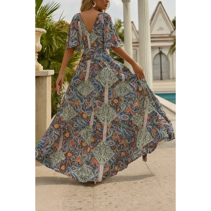 Kadın Kısa Kollu V Yakalı Desenli Süprem Elbise
