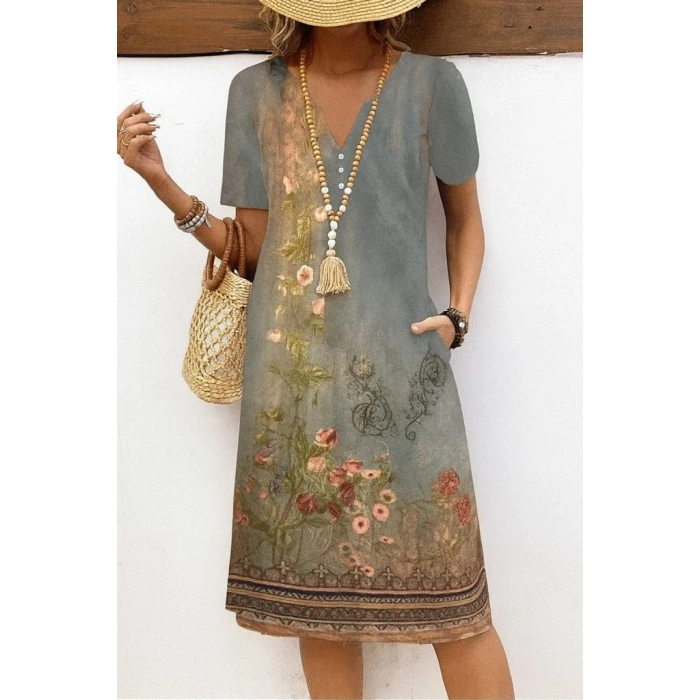 Kadın Kısa Kollu V Yakalı Desenli Süprem Elbise