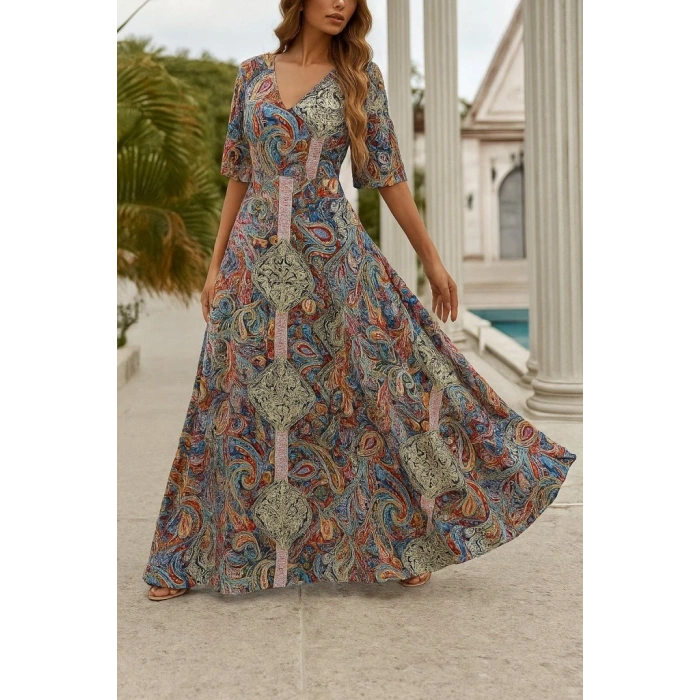 Kadın Kısa Kollu V Yakalı Desenli Süprem Elbise